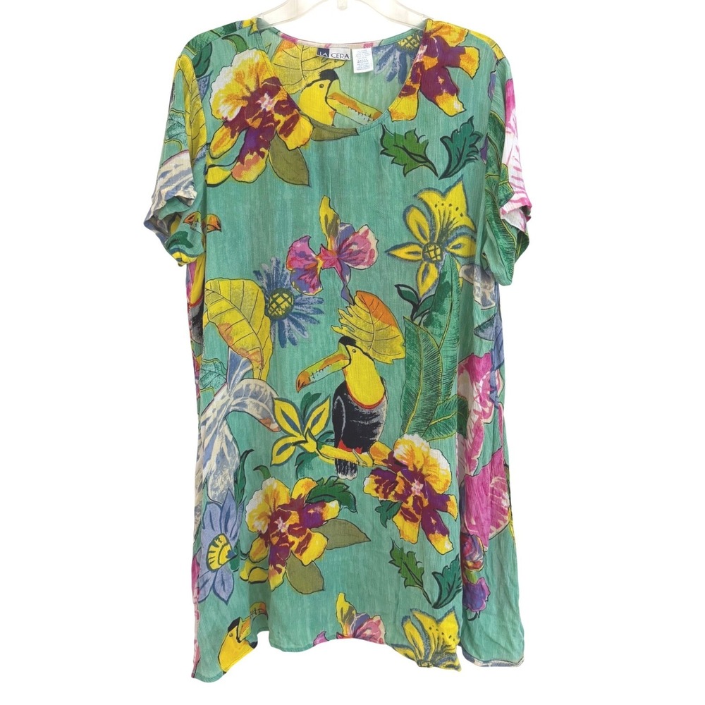 La Cera Womens Retro Boho Tropical Toucan Floral Rayon Crinkle Shift Dress L